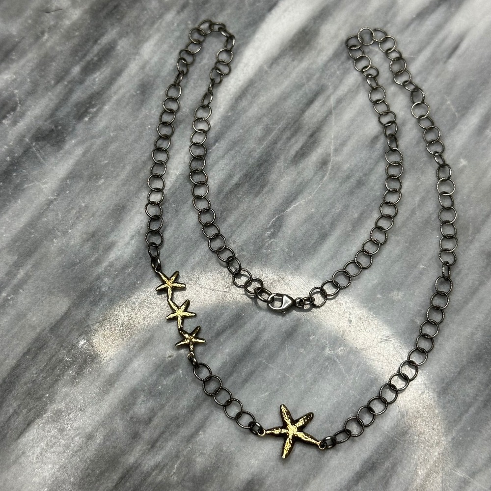 Sterling Silver 925 Starfish Necklace Gold Accents Oxidized‎ Rolo Chain 18"